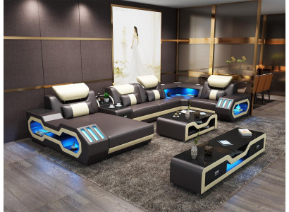 Corner sofa U-shape Coffee table Leather sofa Living landscape Designer Sofa 2-piece set led usb