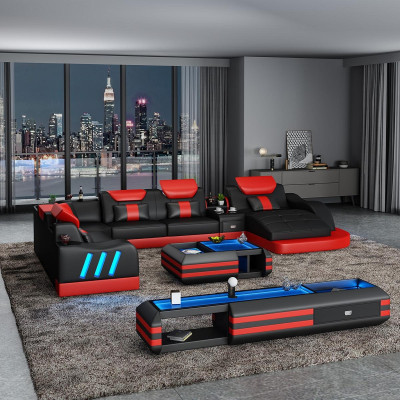 Corner sofa U-shape Sideboard Coffee table Couch Design Gray Upholstery Leather Modern 3-piece.