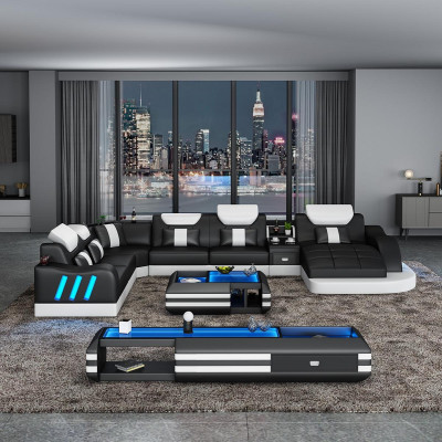 Corner sofa U-shape Sideboard Coffee table Couch Design Gray Upholstery Leather Modern 3-piece.
