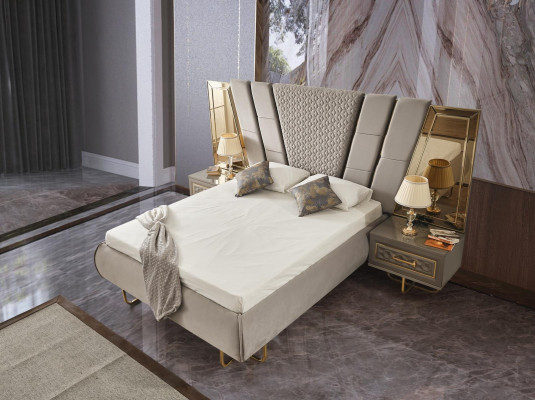 Luxury Bed Hotel Beds with 2x Bedside table Gold Shiny Furniture Bedroom