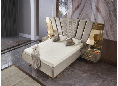 Luxury Bed Hotel Beds with 2x Bedside table Gold Shiny Furniture Bedroom