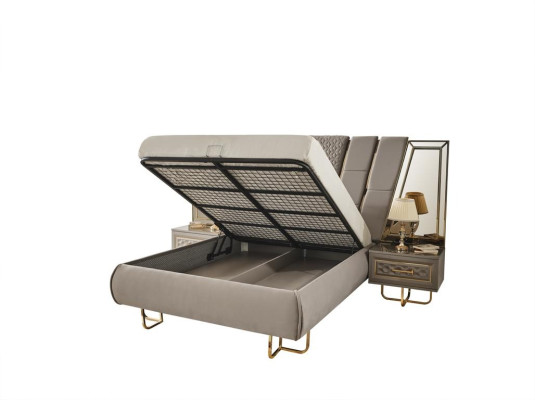 Luxury Bed Hotel Beds with 2x Bedside table Gold Shiny Furniture Bedroom