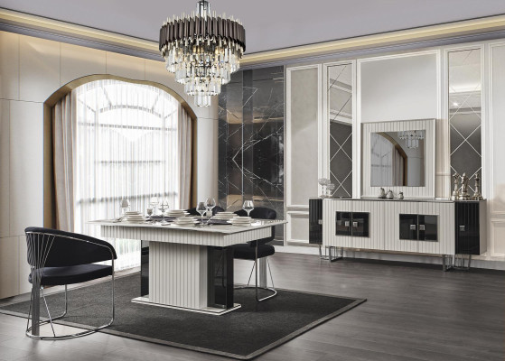 Luxury Dining room Suite Dining table with 6x armchairs Chest of drawers Mirror 8pcs
