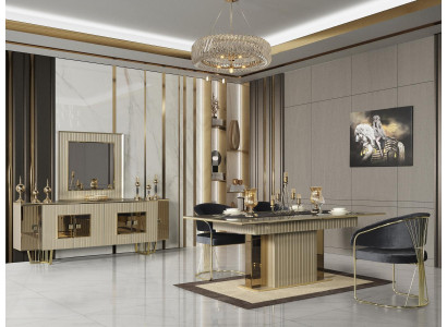 Golden Dining room Set Dining table Dining set Table 4x armchair Chest of drawers 6 pieces