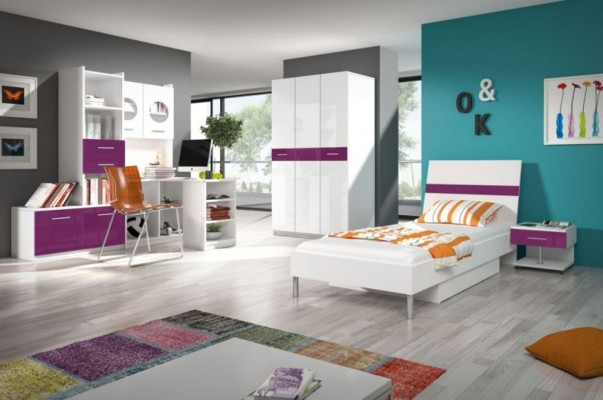 Purple Bedroom Youth Room Set Modern Wardrobe Table 5-piece.