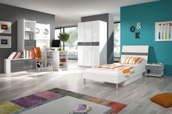 Gray Childrens room Complete single bed Wardrobe Chest of drawers 5-piece youth room