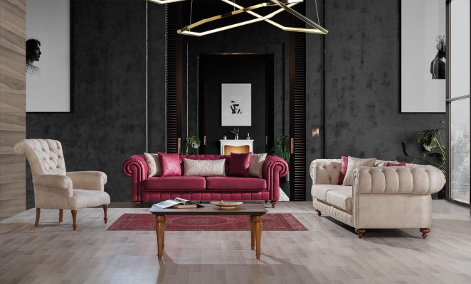 Chesterfield Sofa Couch Suite Seating group Upholstery Living room Set 3+3+1