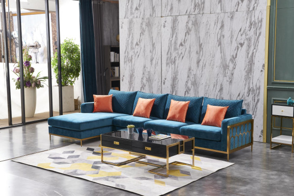 Corner sofa L-shape Coffee table Sofa Couch Design Upholstery Luxury Blue Table