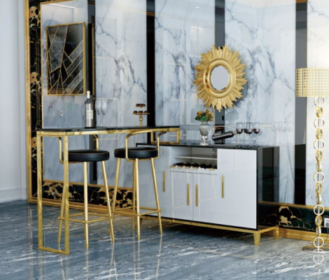 Luxury stainless steel Glass House Bar 4 pcs. Suite bar table 2x bar stools wardrobe