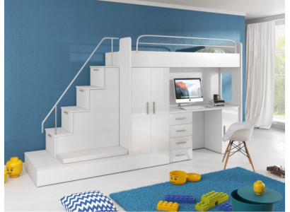 White Children Loft bed Bunk bed Double bunk bed Bed High Gloss Furniture