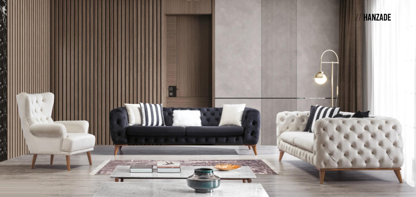 Sofa set Sofa 3+3+1 Seater Black Chesterfield Armchair Furniture