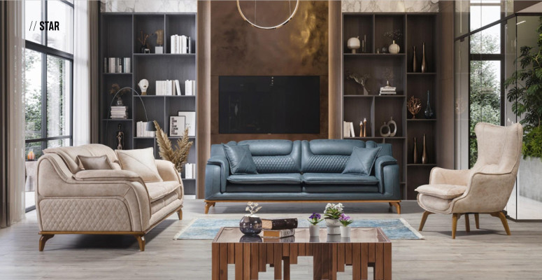 Sofa Blue 3 Seater Living room Couch Design Chesterfield Italian Style Furniture