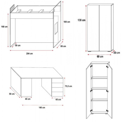 Blue Double bunk bed Wood Bunk Bed Girls High Gloss with Desk Wardrobe