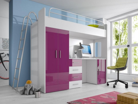 Purple Double bunk bed Wood Bunk Bed Girls High Gloss with Desk Wardrobe