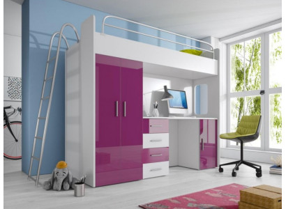 Purple Double bunk bed Wood Bunk Bed Girls High Gloss with Desk Wardrobe