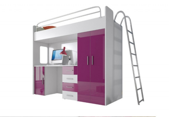 Purple Double bunk bed Wood Bunk Bed Girls High Gloss with Desk Wardrobe