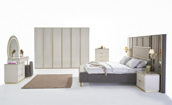 Luxury Complete Bedroom Set Beige Gold Chest of drawers Bed Bedside table 7 pieces. shine