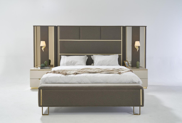 Bed Double bed 2x Bedside tables Wood Design Beds Bedroom Upholstery 3 piece set