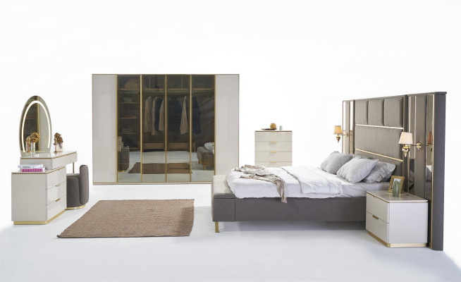 Luxury Bedroom Set Bed Bedside table Chest of drawers Mirror Wardrobe 7-piece Furniture