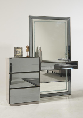 Luxury Glass Bedroom Bed Bedside table Corner Cabinet Dresser Mirror Stool Gray