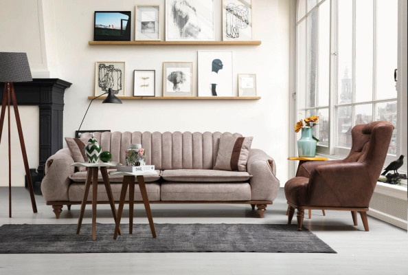 Designer sofa set 3+1 seat coffee table sofa cover textile brown wood