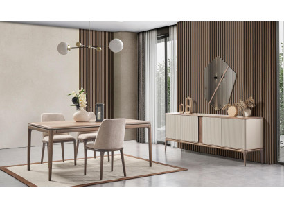 Dining set Dining table 4 Chairs Sideboard Mirror Modern 7-piece Wood Beige
