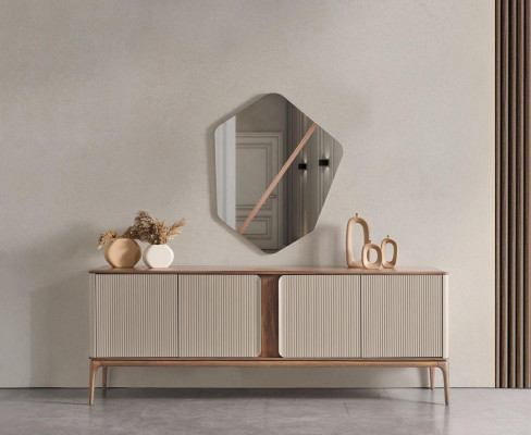 Dining set Dining table 4 Chairs Sideboard Mirror Modern 7-piece Wood Beige