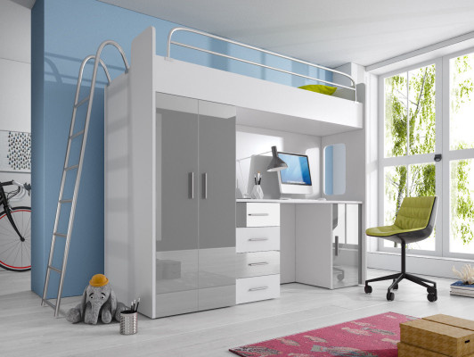 Double bunk bed BUNK BETT Bunk bed with Desk + Wardrobe -RAJ 4D PURPLE