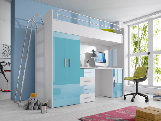 Double bunk bed BUNK BETT Bunk bed with Desk + Wardrobe -RAJ 4D PURPLE