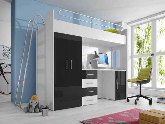Double bunk bed BUNK BETT Bunk bed Desk + Wardrobe -RAJ 4D Black