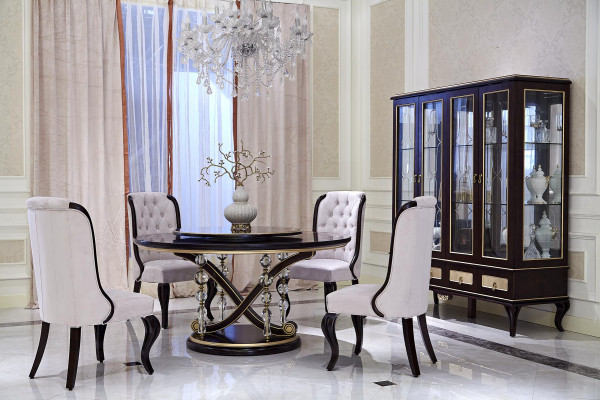 Dining table 4x Chairs Dining room Suite 6 pcs. Set Round Table Chair Display case Wood