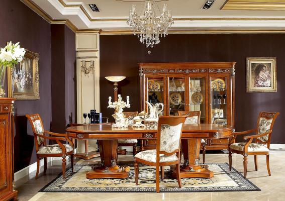 Solid dining table with designer base and 6 Classic n chairs
