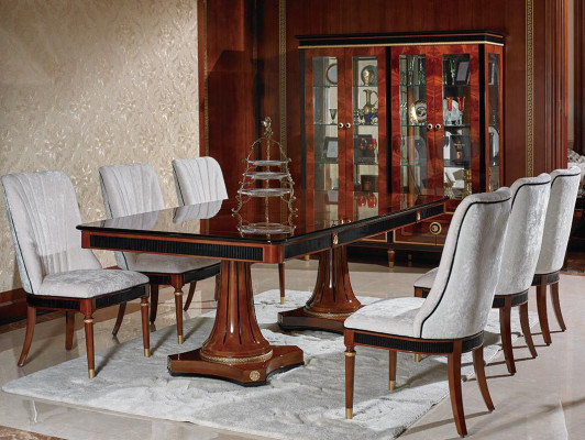 Dining set with large polished table and 6 velvet chairs