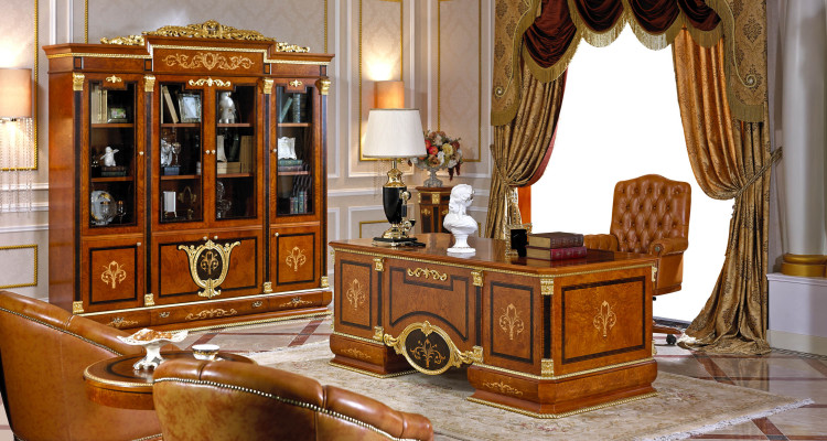 Luxurious Desk with 4-door Wardrobe and Leather Armchair