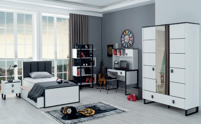 Youth Room Set Bed Bedside table Bookshelf Desk Wardrobe Design Modern