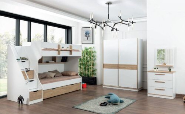 Loft bed Bunk Bed Chest of drawers Mirror Bedroom Mirror Furniture Wardrobe 4pcs.