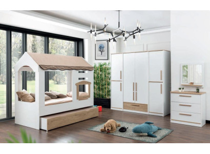 Childrens room Bed House Covered Bed Bedroom Set Suite Mirror 4pcs.