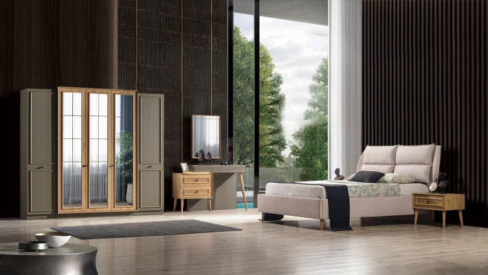 7-piece bedroom set bed + 2x bedside table + wardrobe + dressing table + mirror