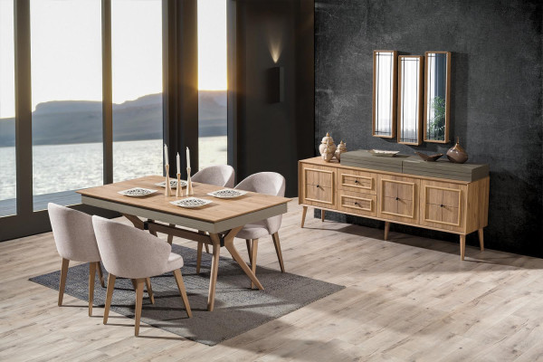 Design 9 pieces. Dining room set Dining table + 4x Chairs + Sideboard + 3x Mirror Modern