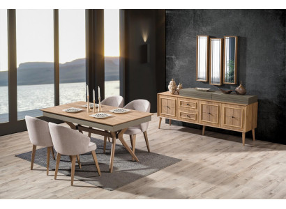 Design 9 pieces. Dining room set Dining table + 4x Chairs + Sideboard + 3x Mirror Modern