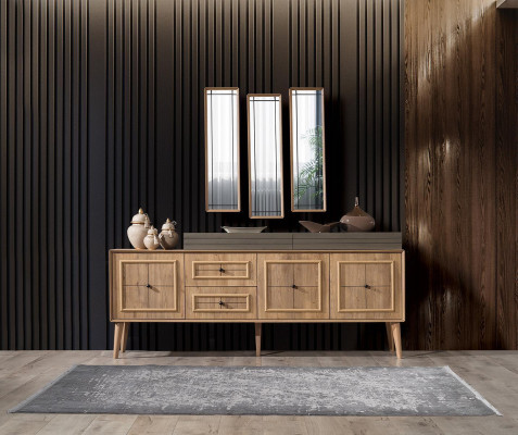 Design 9 pieces. Dining room set Dining table + 4x Chairs + Sideboard + 3x Mirror Modern