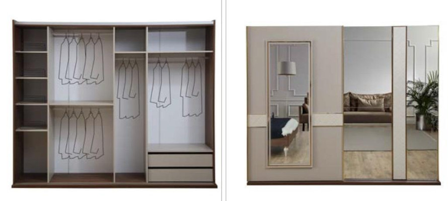 Luxury wardrobe with gold-plated accents and mirrors