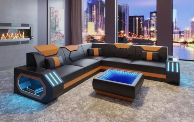 Corner sofa Leather upholstery Design Living room Corner sofa Couch Sofa L-shape Living landscape