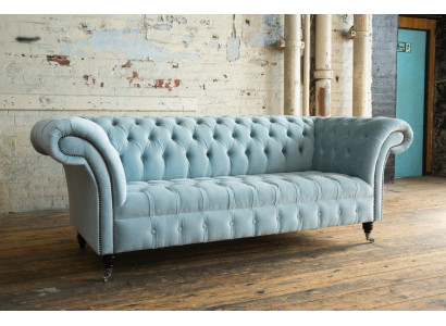 Chesterfield 3 Seater Upholstery Couch Leather Sofa Couches Textile Modern Style Blue
