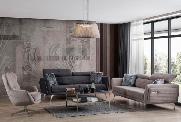 Luxurious, fashionable two-seater sofa with textile upholstery on high legs