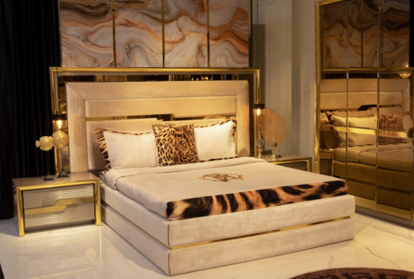 Luxury Beds Gold Bed Textile 2x Bedside table 3 pcs. Bedroom Set Furniture Modern