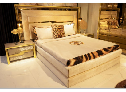 Shiny Bed Luxury Bedroom Set 2x Bedside table Beds Upholstery Furniture 3pcs.
