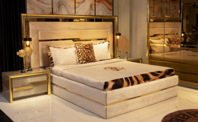 Shiny Bed Luxury Bedroom Set 2x Bedside table Beds Upholstery Furniture 3pcs.