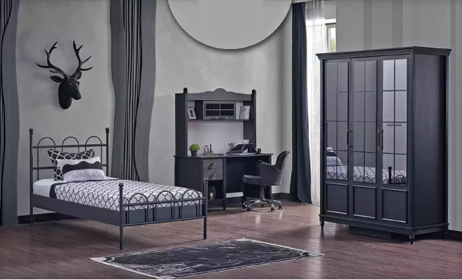 Complete room Bedroom Bed Wardrobe Desk Black 3pcs