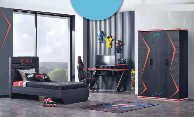 Gamer Childrens room Bedroom Bed Table Wardrobe 3pcs.